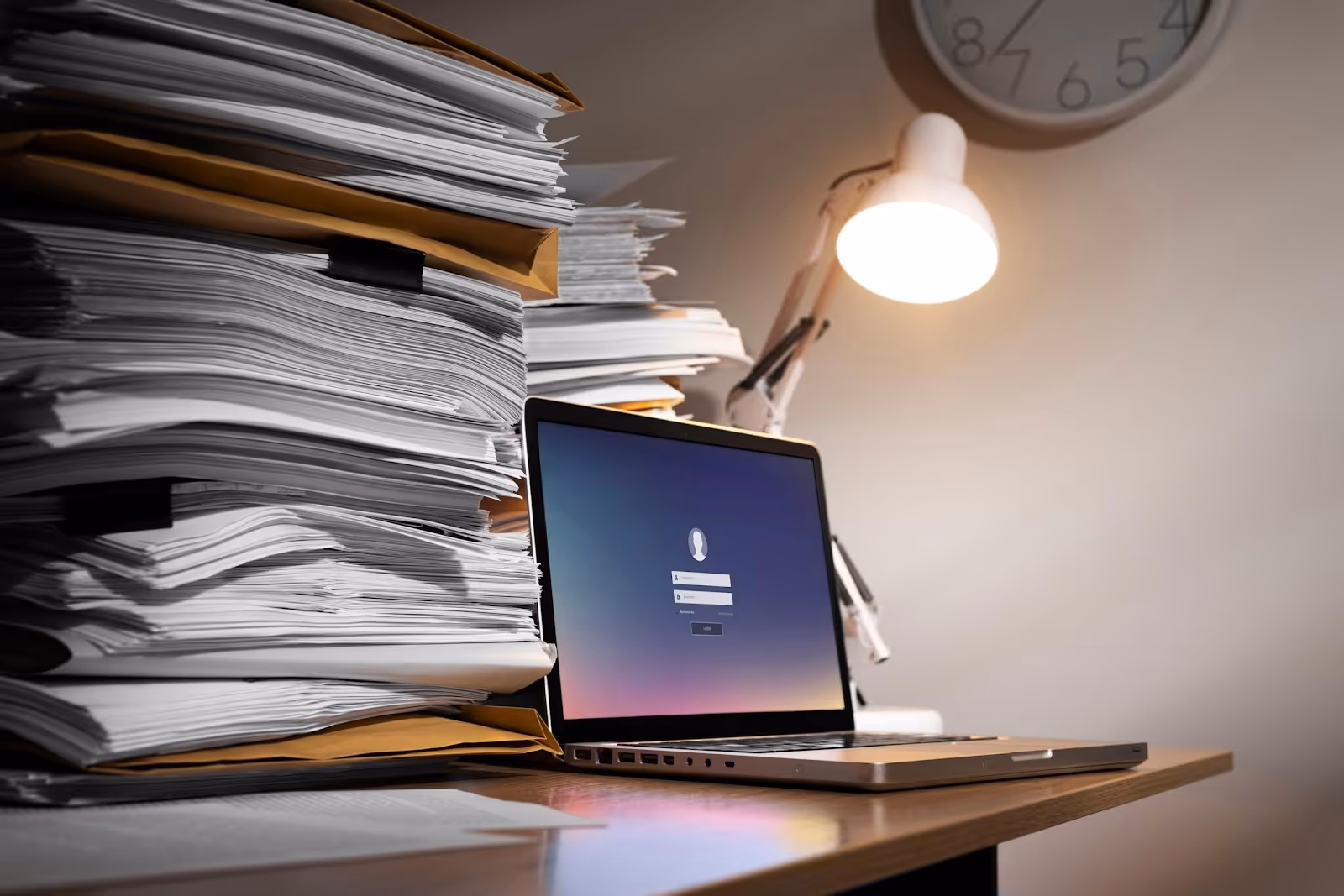 Eine Illustration eines Laptops und einer Menge Papiere