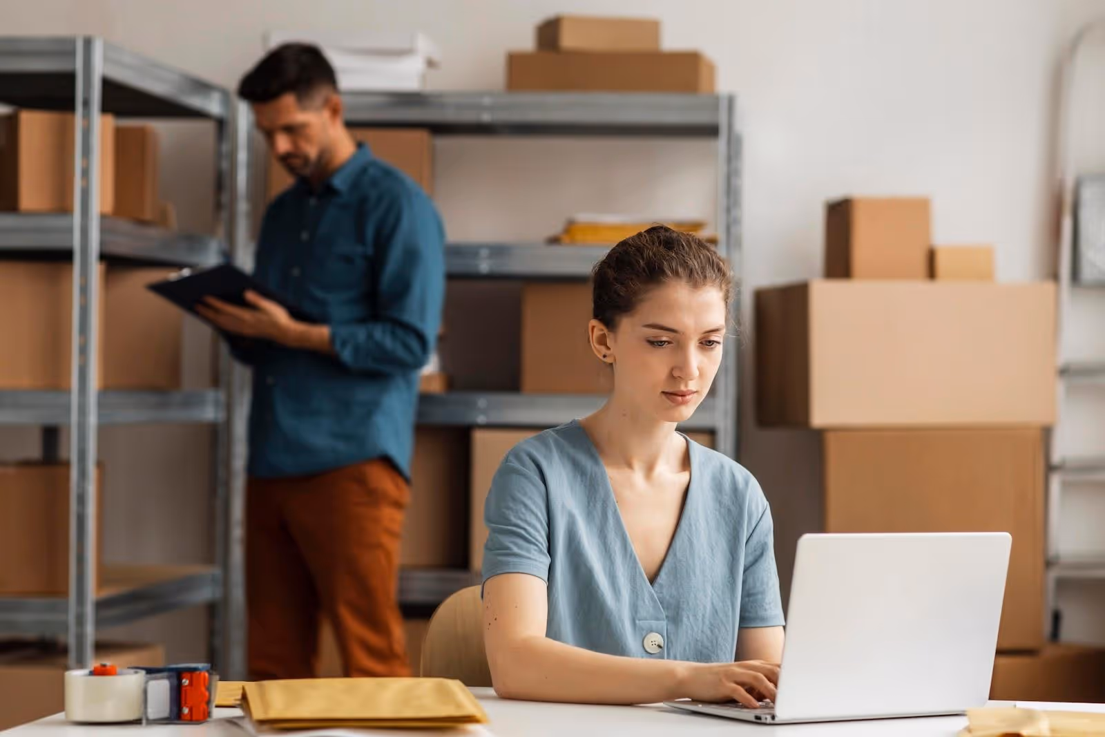 A man and a woman working on order processing