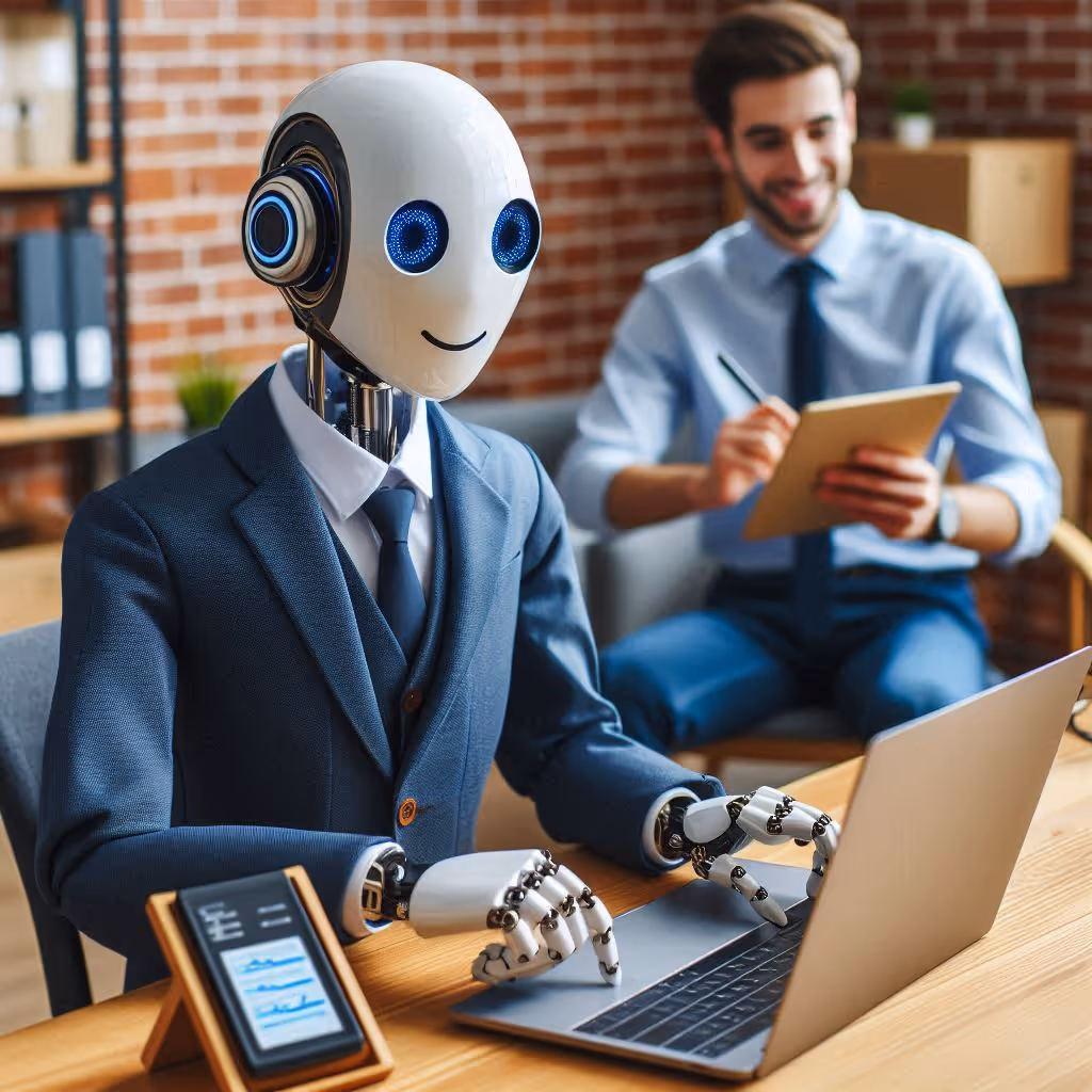 A man sitting next to an illustration of an AI agent