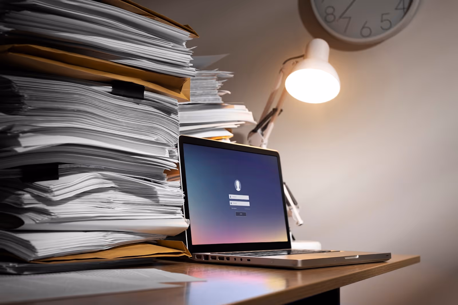 An illustration of a laptop and a lot of papers