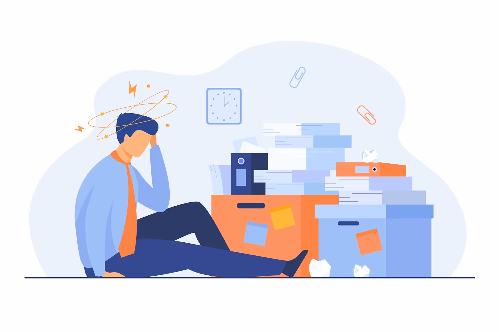 An illustration representing a man struggling with document processing