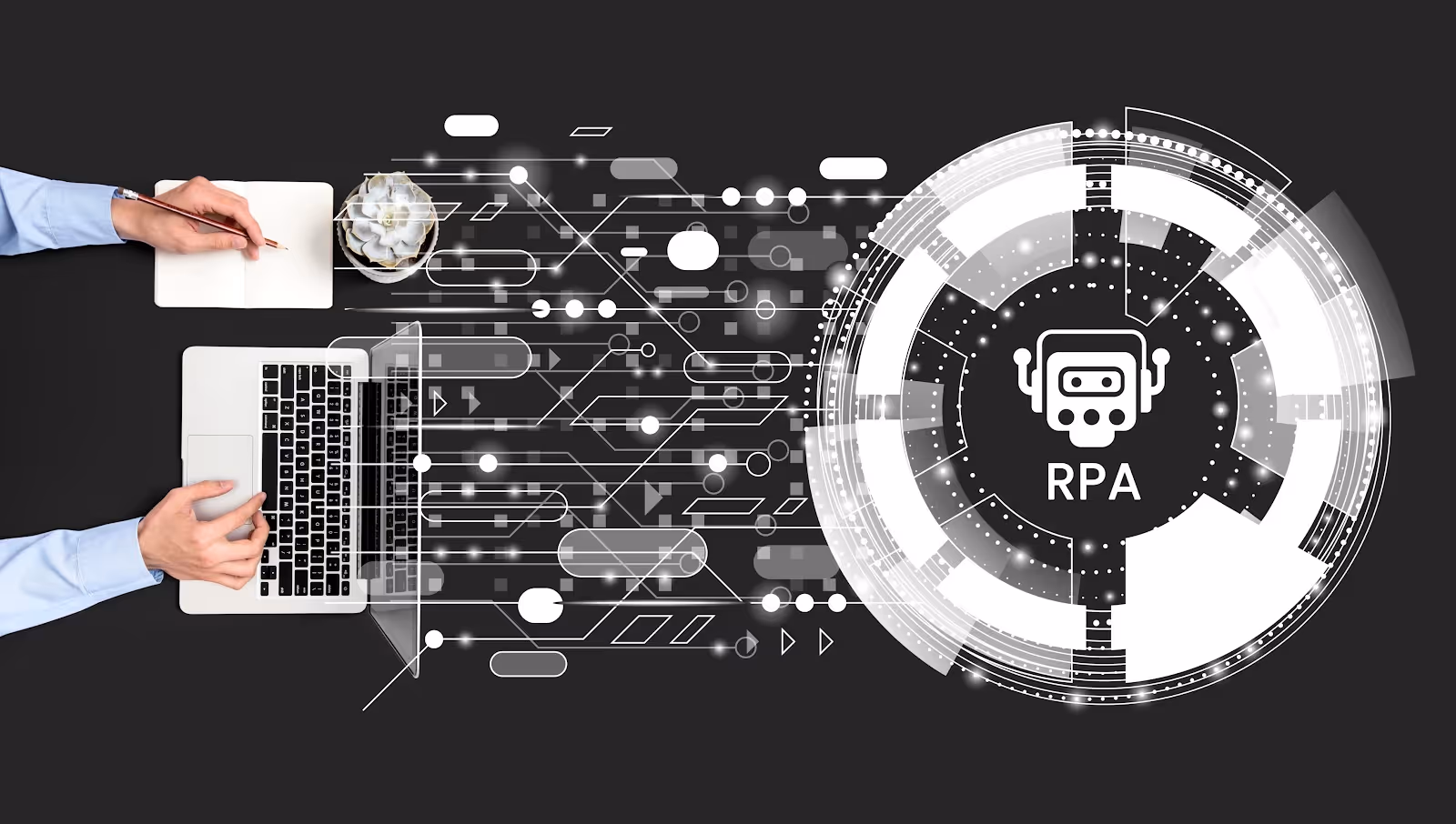 An illustration representing Robotic Process Automation (RPA)