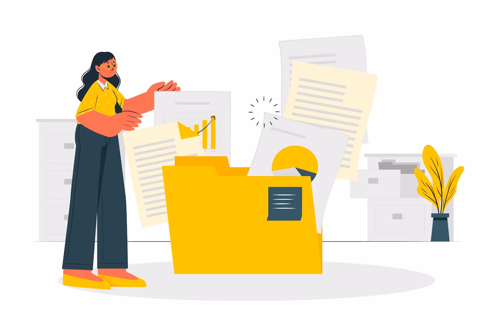 An illustration of a woman working on end-to-end documentation